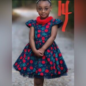 NEW Trish Scully Floral Kids Dress in Blue and Red with faux fur collar, size14